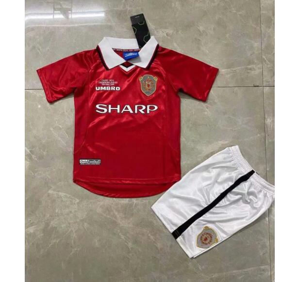 1999-2000 Manchester United Retro Kids Home Soccer Shirt With Shorts